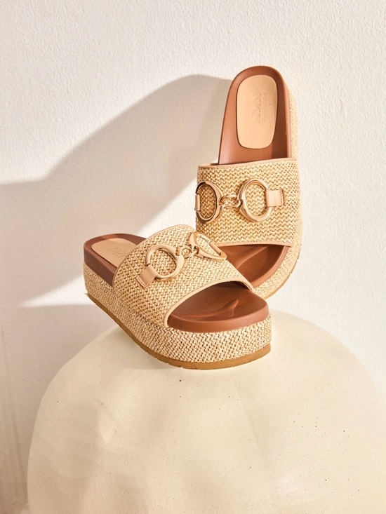 Nekane Shoes - Woven Raffia Platform Slide Sandals - Natural Tan